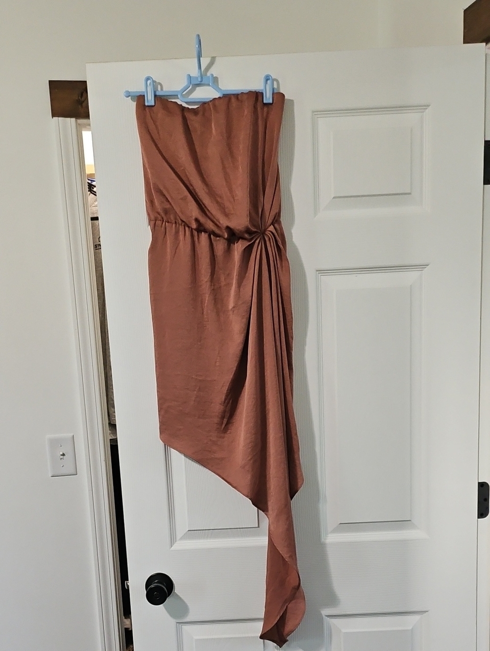 Express Strapless Asymmetric Dress in Rust